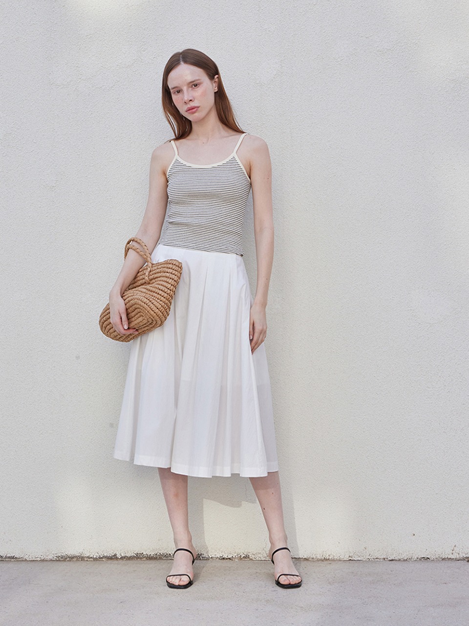 Pleated Banding Long Skirt  - White